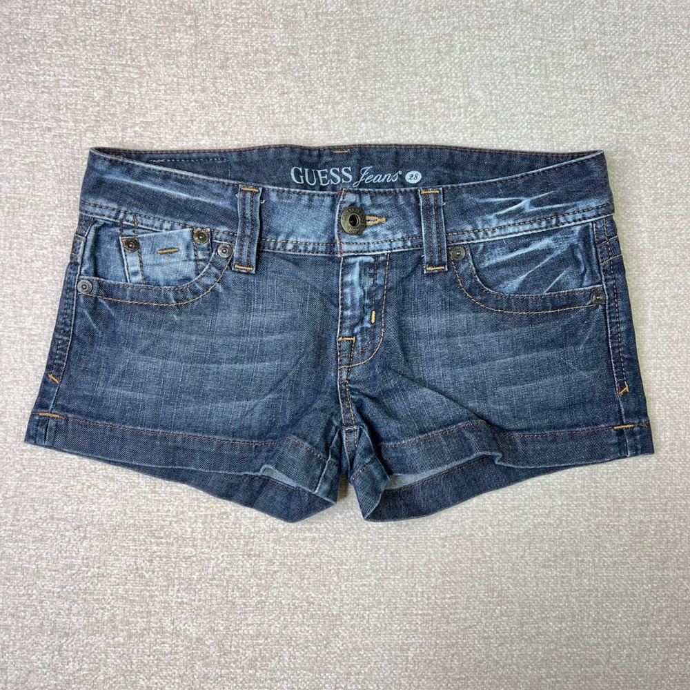 Y2K Guess Jeans Low Rise Denim Micro Shorts Size 28 6 Blue Distressed Cuffed 00s